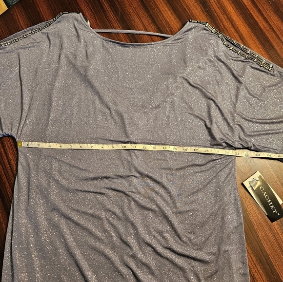 Cachet Blue Gray Mini Dress Cold Shoulder Rhinestone Glitter Cowl Back Sz 16 NWT - Picture 5 of 11